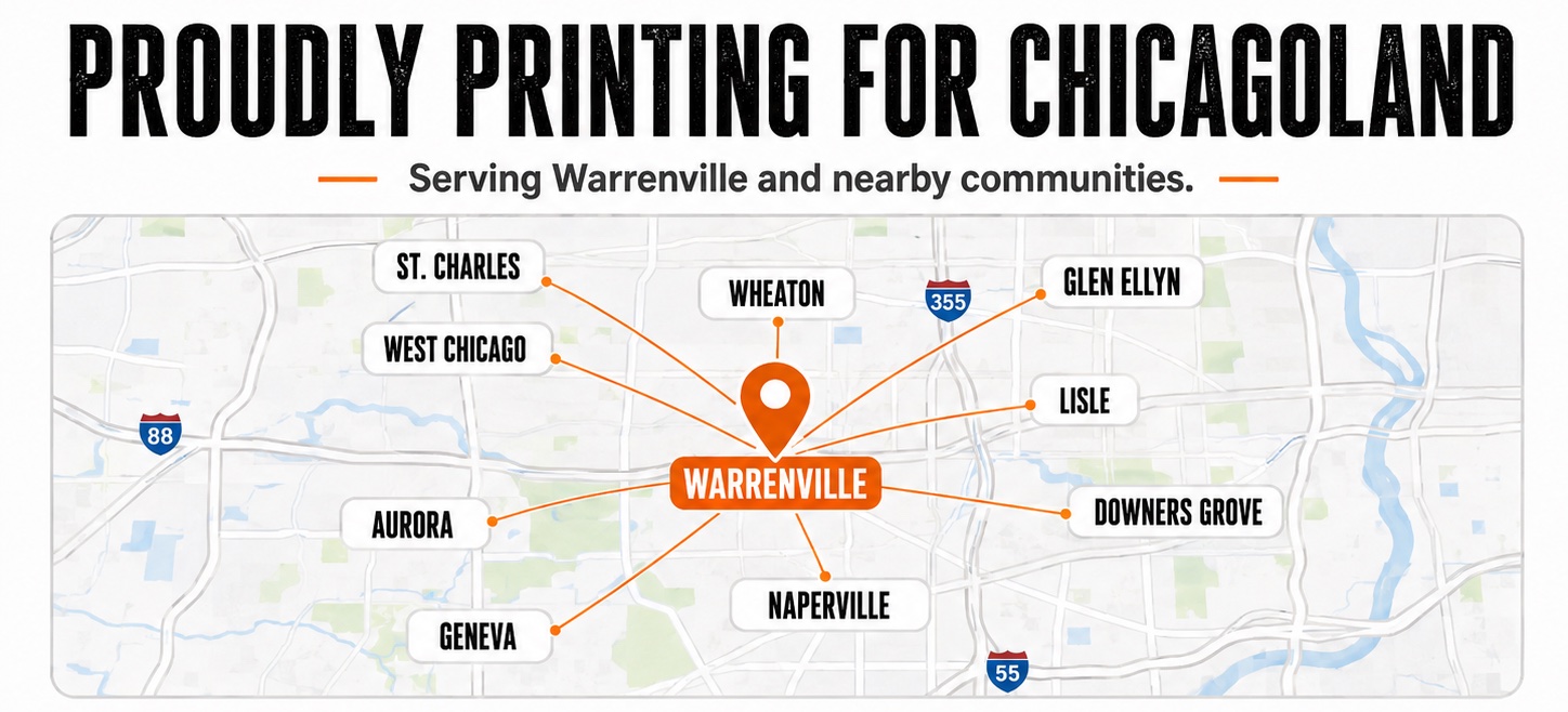 Map of Sound & Fury's Chicagoland service area, centered on Warrenville, IL and reaching Naperville, Wheaton, Aurora, Glen Ellyn, Lisle, Downers Grove, West Chicago, St. Charles and Geneva.