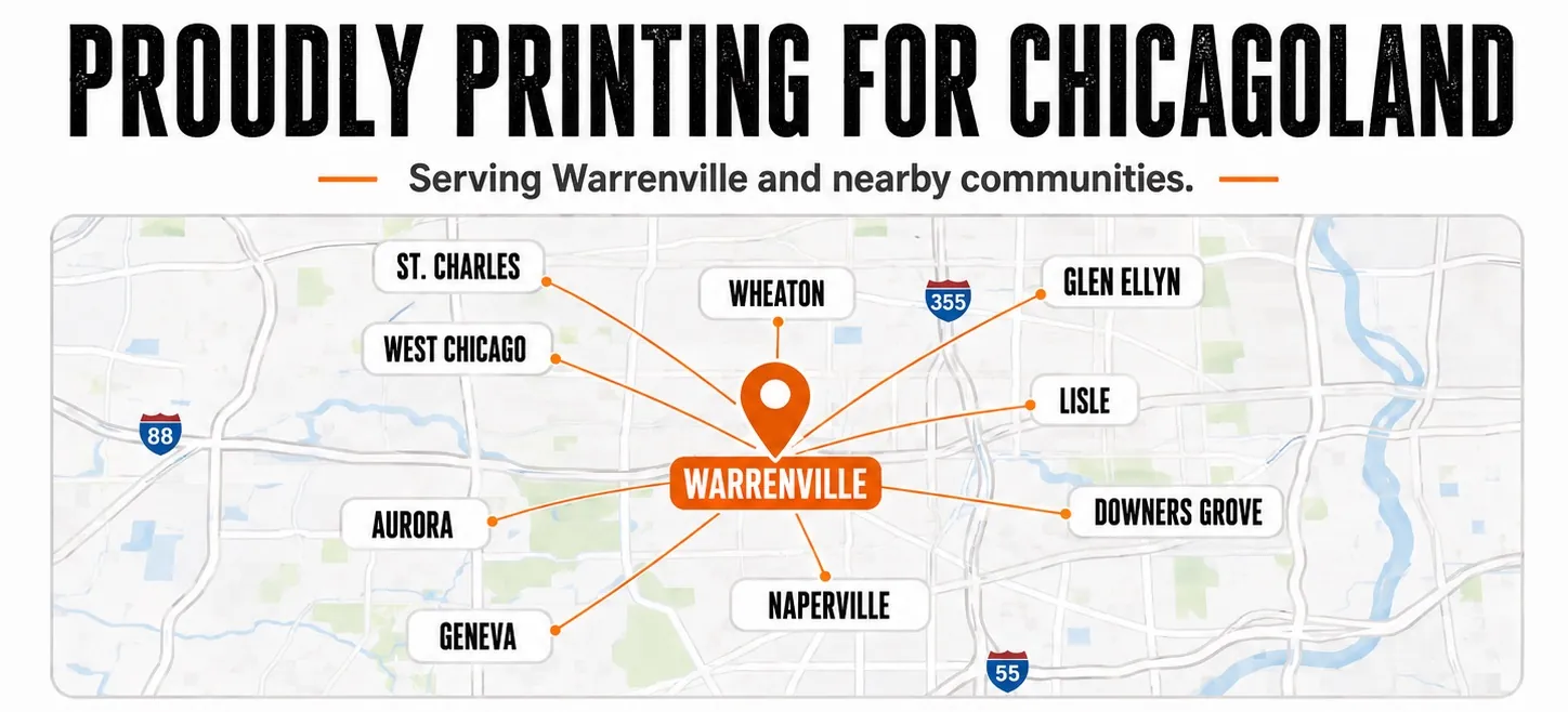 Map of Sound & Fury's Chicagoland service area, centered on Warrenville, IL and reaching Naperville, Wheaton, Aurora, Glen Ellyn, Lisle, Downers Grove, West Chicago, St. Charles and Geneva.