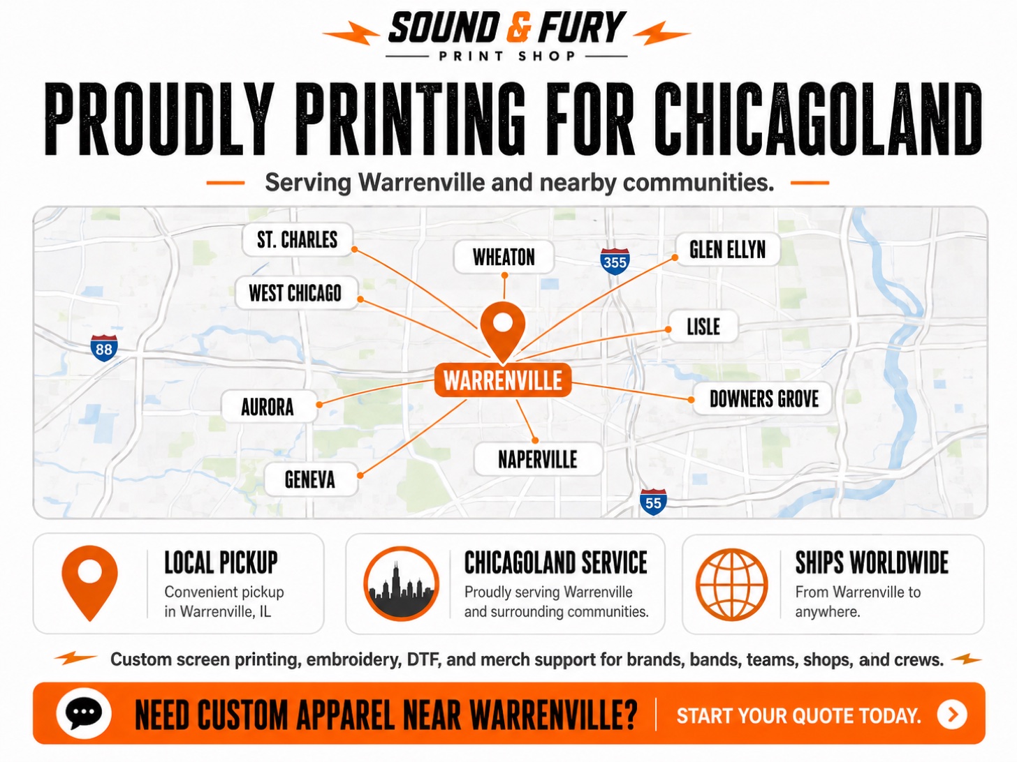 Map of Sound & Fury's Chicagoland service area, centered on Warrenville, IL and reaching Naperville, Wheaton, Aurora, West Chicago, Glen Ellyn, Lisle, Downers Grove, St. Charles and Geneva, with local pickup and worldwide shipping.