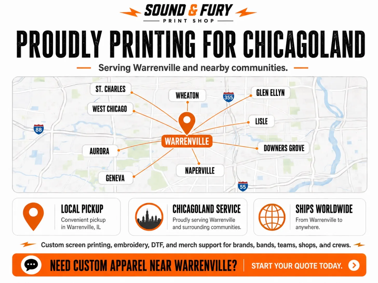 Map showing Sound & Fury Print Shop in Warrenville, IL, just north of Naperville, with its DuPage County service area